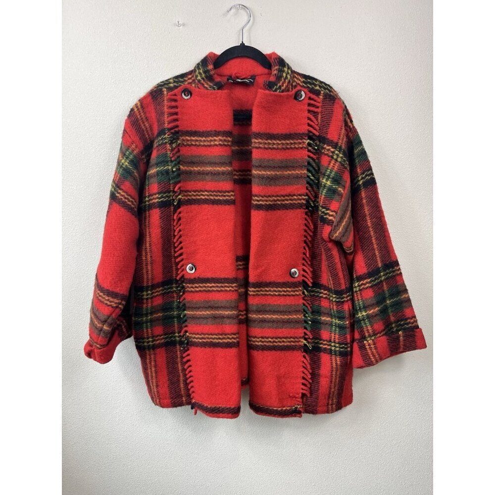 Lillunn Norway Wool Fringe Red Checkered Open Front Coat Jacket Medium / Large